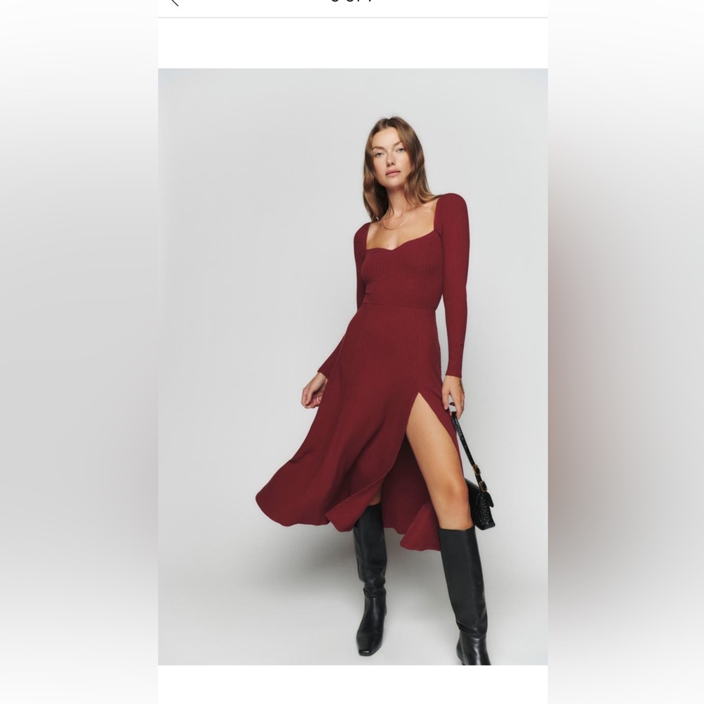 Reformation Ribbed Long-Sleeve Midi Dress in Burgundy - Picture 2 of 6